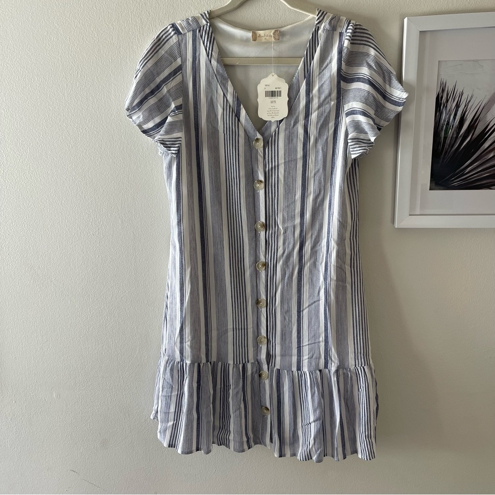 alter'd state Medium blue white stripes button front vneck butterfly sleeves